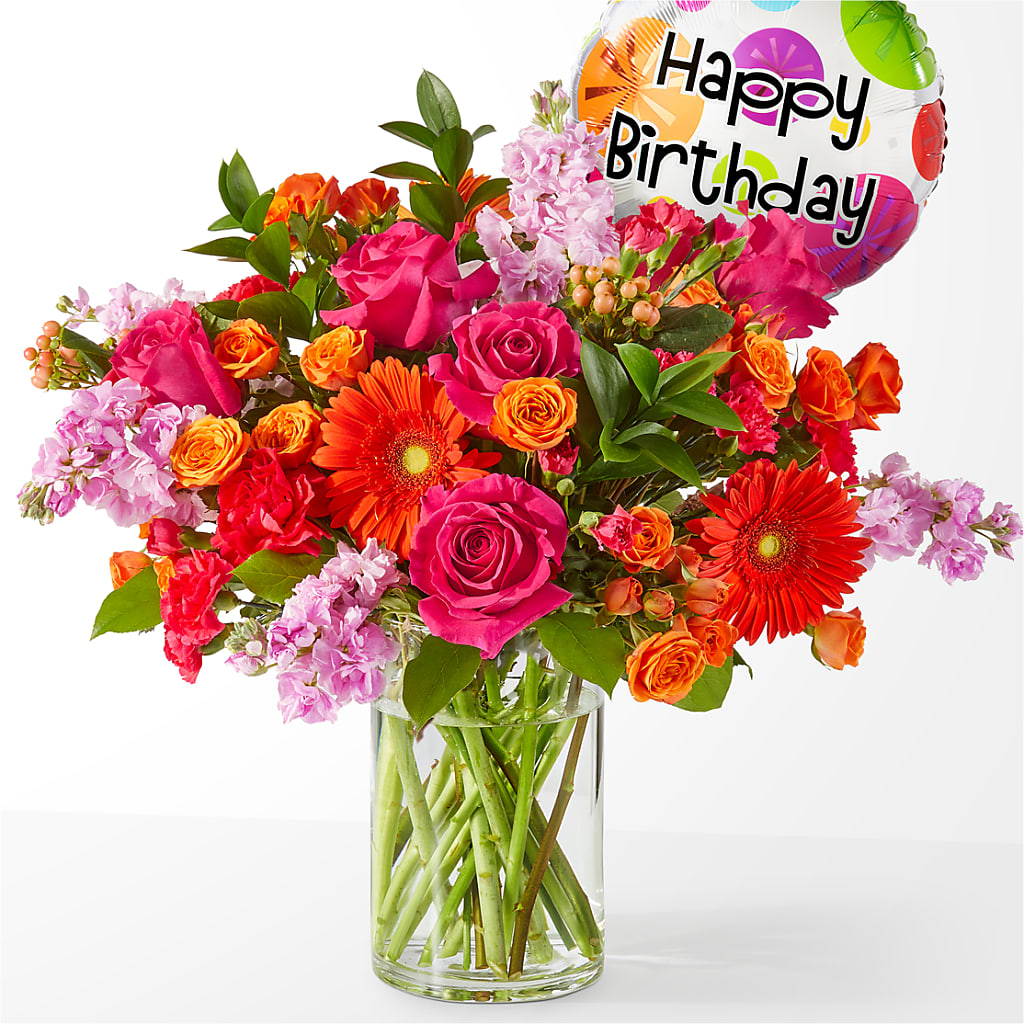 Fiesta Bouquet with Birthday Balloon – BELLE FLEURS & DESSINS, Lexington KY