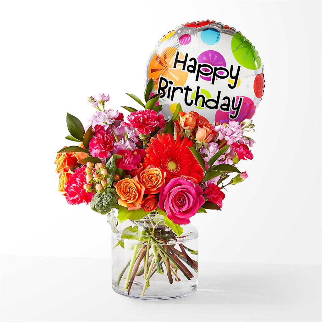 Fiesta Bouquet with Birthday Balloon – BELLE FLEURS & DESSINS, Lexington KY