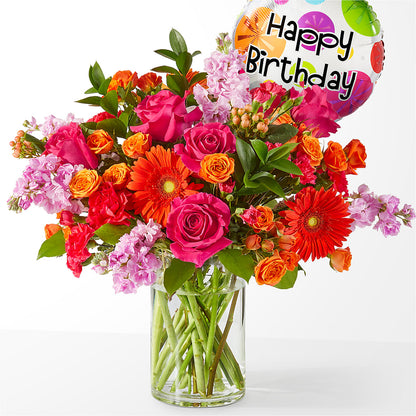 Fiesta Bouquet with Birthday Balloon – BELLE FLEURS & DESSINS, Lexington KY