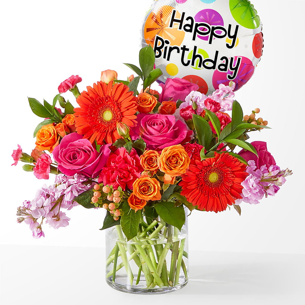 Fiesta Bouquet with Birthday Balloon – BELLE FLEURS & DESSINS, Lexington KY