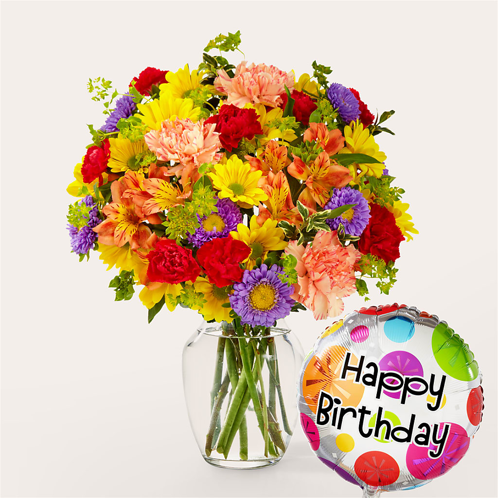Kaleidoscope Bouquet with Birthday Balloon – BELLE FLEURS & DESSINS, Lexington KY