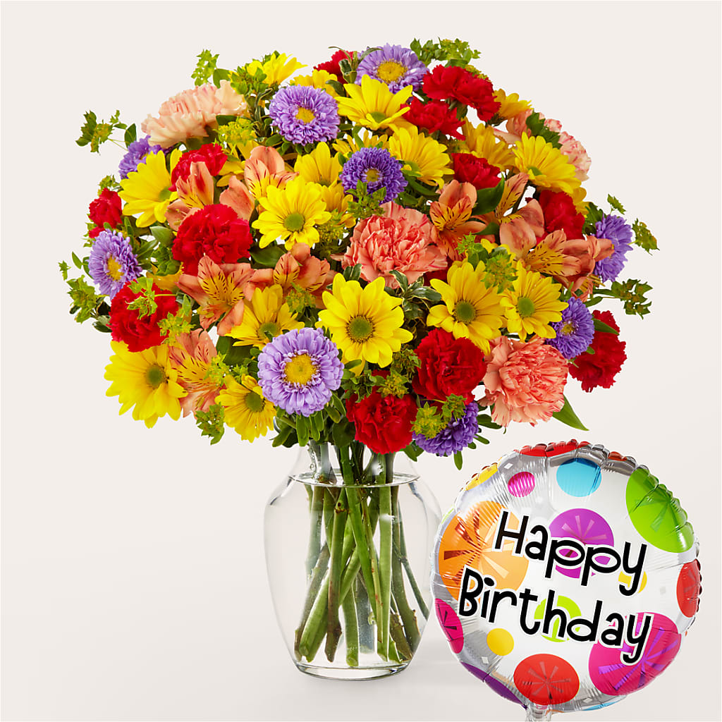 Kaleidoscope Bouquet with Birthday Balloon – BELLE FLEURS & DESSINS, Lexington KY