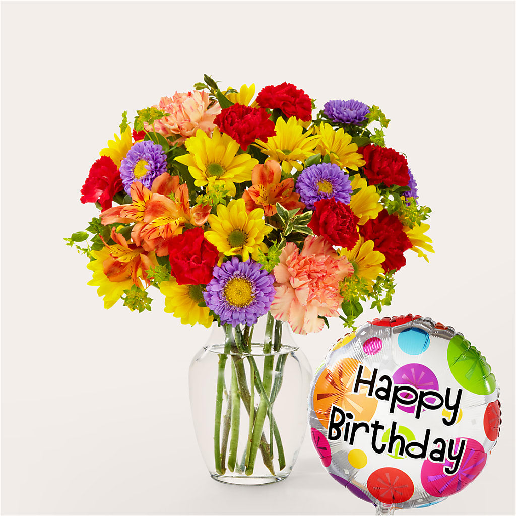 Kaleidoscope Bouquet with Birthday Balloon – BELLE FLEURS & DESSINS, Lexington KY