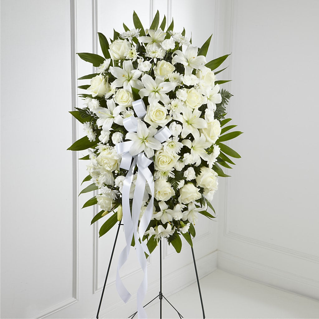 Exquisite Tribute Standing Spray-White Ribbon – BELLE FLEURS & DESSINS, Lexington KY