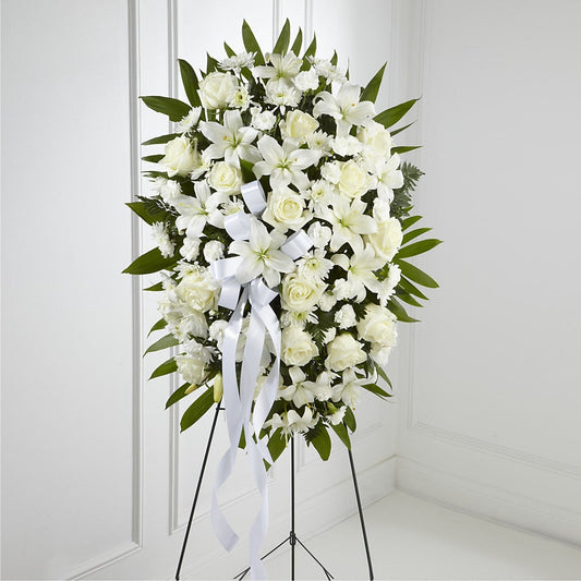 Exquisite Tribute Standing Spray-White Ribbon – BELLE FLEURS & DESSINS, Lexington KY