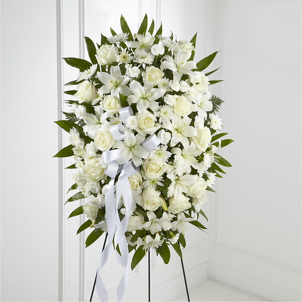 Exquisite Tribute Standing Spray-White Ribbon – BELLE FLEURS & DESSINS, Lexington KY