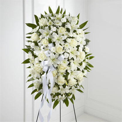 Exquisite Tribute Standing Spray-White Ribbon – BELLE FLEURS & DESSINS, Lexington KY