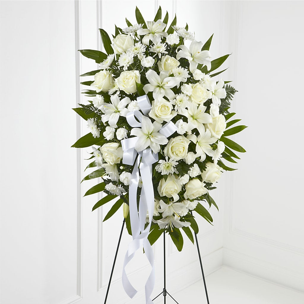 Exquisite Tribute Standing Spray-White Ribbon – BELLE FLEURS & DESSINS, Lexington KY