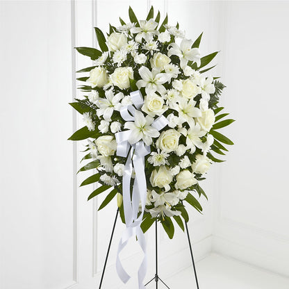 Exquisite Tribute Standing Spray-White Ribbon – BELLE FLEURS & DESSINS, Lexington KY