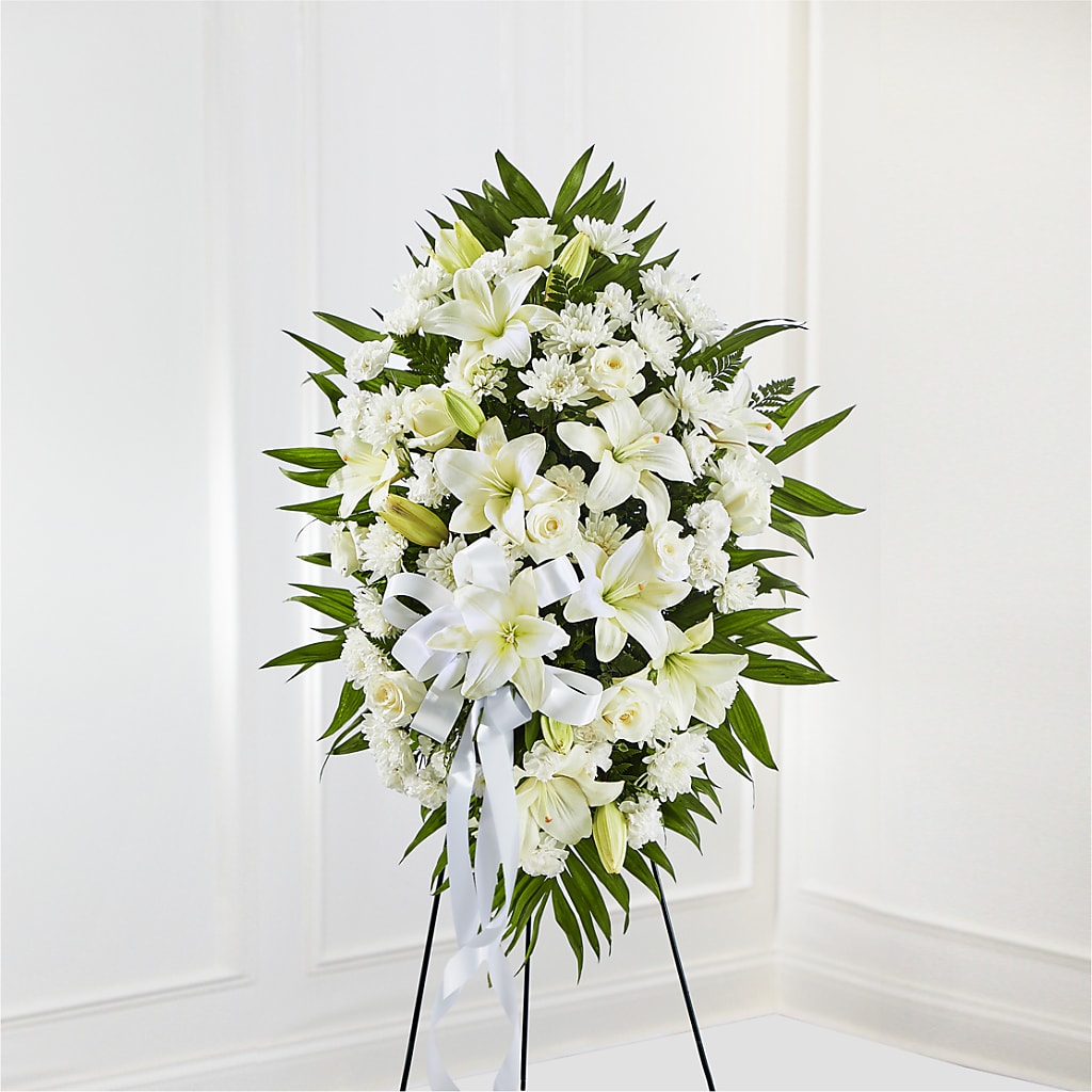 Exquisite Tribute Standing Spray-White Ribbon – BELLE FLEURS & DESSINS, Lexington KY