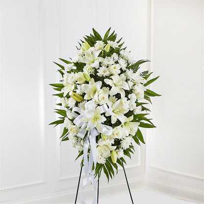 Exquisite Tribute Standing Spray-White Ribbon – BELLE FLEURS & DESSINS, Lexington KY