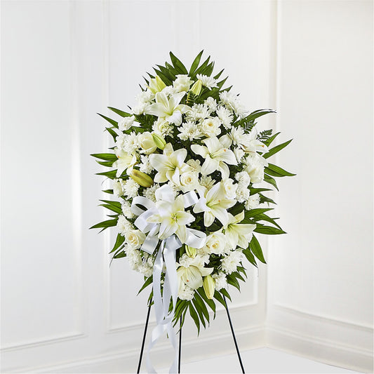 Exquisite Tribute Standing Spray-White Ribbon – BELLE FLEURS & DESSINS, Lexington KY